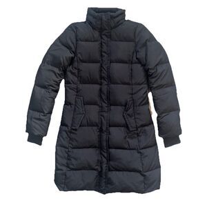 J CREW Womens XS Black Goose Down Full Zip Snap Hood Long Puffer Coat NO Belt